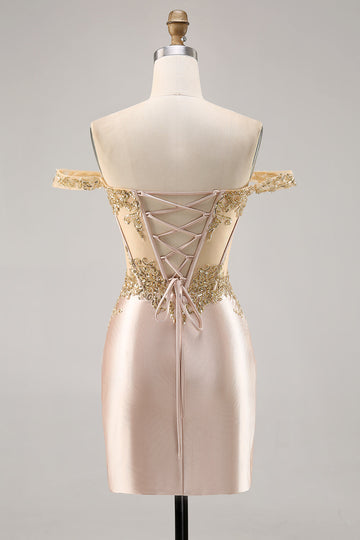 Off the Shoulder Korsett Bodycon Champagne Homecoming Klänning med Paljetter
